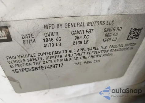 2014 Chevrolet Cruze 1Lt Auto из США, поврежденный, VIN 1G1PC5SB1E7439717